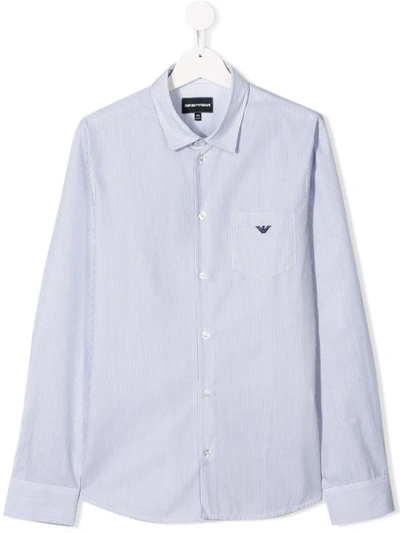 Emporio Armani Teen Embroidered Logo Striped Shirt In Blue