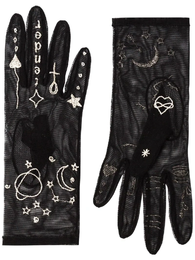 Tender And Dangerous Black And Silver Embroidered Tulle Gloves