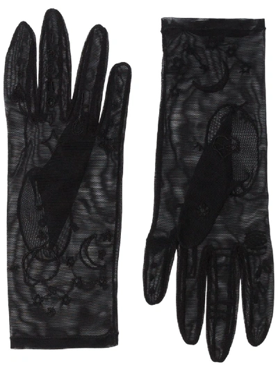 Tender And Dangerous Embroidered Sheer Gloves In Black