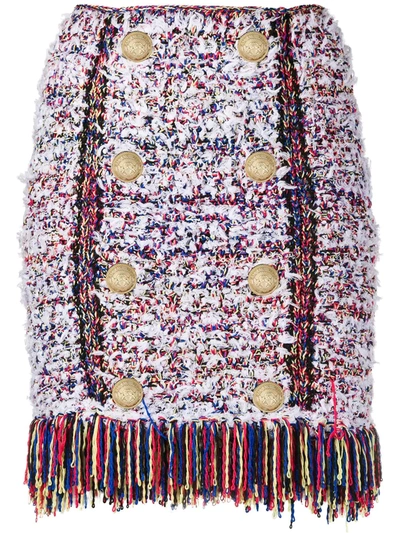 Balmain Button Front Fringe Tweed Skirt In Multicolore