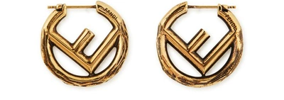Fendi Mini Logo Earrings In Oro Burattato Dark