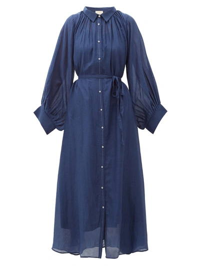 Anaak Cleo Balloon-sleeve Cotton-blend Midi Shirt Dress In Navy