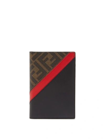 Fendi Ff-logo Striped-panel Leather Passport Holder In Brown,black,red