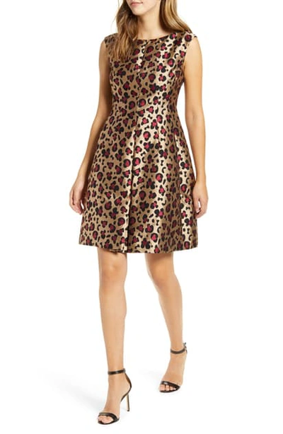 Anne Klein Animal Jacquard Fit & Flare Dress In Vicuna/ Titian Red Combo