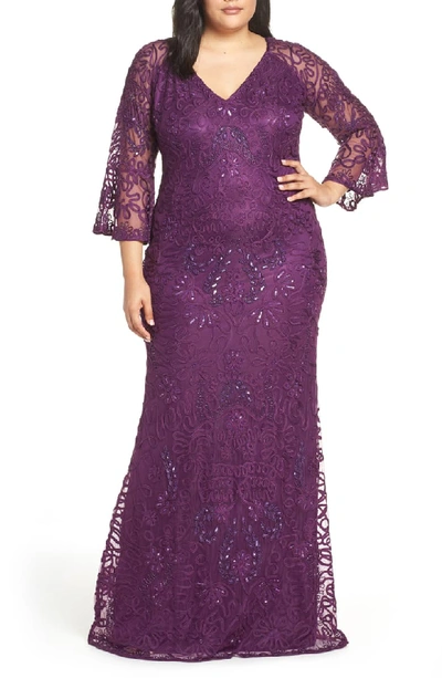 Js Collections Bell Sleeve Bead & Soutache Gown In Dark Violet