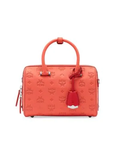 Mcm Boston Essential Monogrammed Small Leather Satchel In Hot Coral/silver