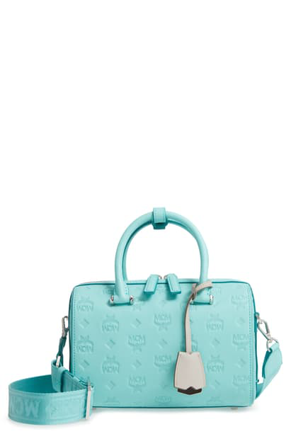 Mcm Boston Essential Monogrammed Small Leather Satchel In Pool Blue | ModeSens