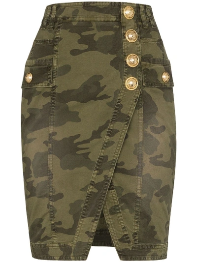 Balmain Camouflage Denim Faux Wrap Miniskirt In Green