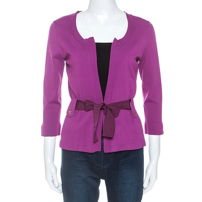 Pre-owned Ch Carolina Herrera Purple Stretch Knit Belted Cardigan Xs