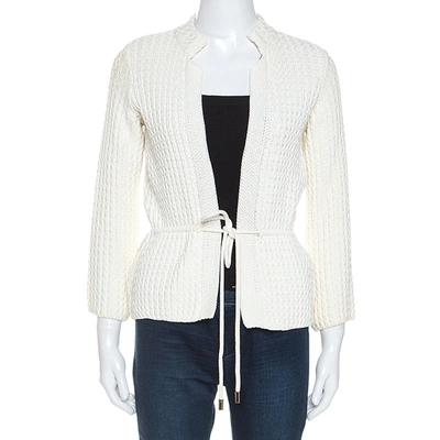 Pre-owned Ch Carolina Herrera White Cable Knit Cotton Drawstring Waist Cardigan Xs