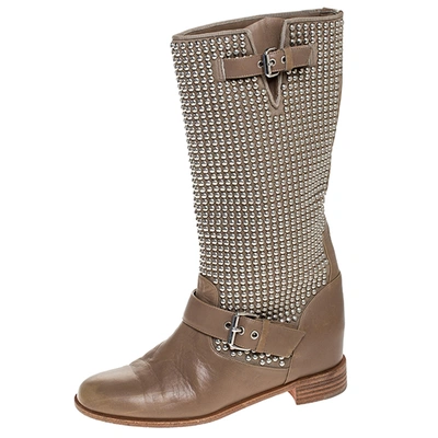 Pre-owned Christian Louboutin Beige Leather Studded Buckle Detail Mid Calf Boots Size 37