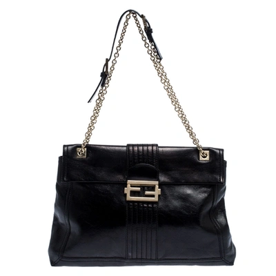 Pre-owned Fendi Black Leather Maxi Baguette Flap Shoulder Bag