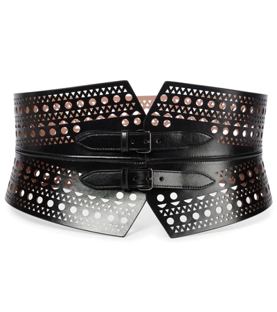 Alaïa Lasercut Wide Two-buckle Leather Corset Belt In Black