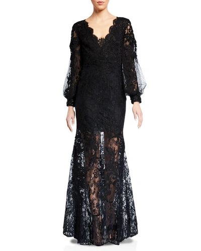 Badgley Mischka Couture Scalloped Lace Sheer-hem Gown In Black