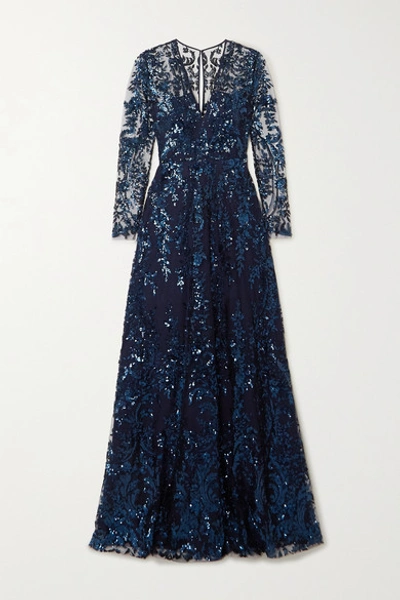 Naeem Khan Sequin Embroidered V-neck Gown In Navy
