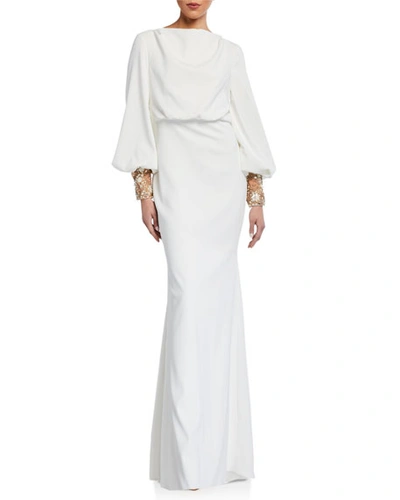 Badgley Mischka Couture Beaded-cuff Long-sleeve Gown In Ivory