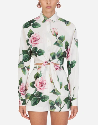 Dolce & Gabbana Poplin Shirt With Tropical Rose Print Knot In Floral Print