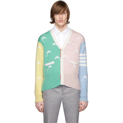 Thom Browne Multicolor Cashmere Dolphin Intarsia V-neck 4-bar Cardigan In Pink