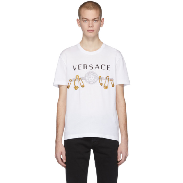 Versace T-shirt With Embroidered Safety Pin In White/print | ModeSens