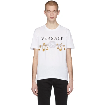 Versace Men's Safety Pin Graphic Tee In White,gold