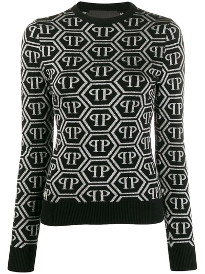 Philipp Plein Logo Print Long Sleeve Knitted Top In Black