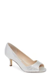 Nina Chezare Peep Toe Pump In Silver Metallic Fabric