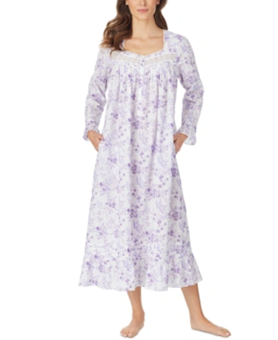 Eileen West Cotton Floral-print Venise Lace Ballet Nightgown In White Lilac