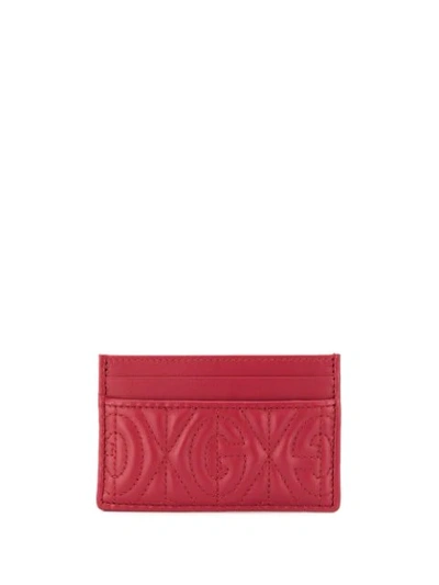 Gucci Gg Rhombus Quilted Leather Card Case In Hibiscus Red