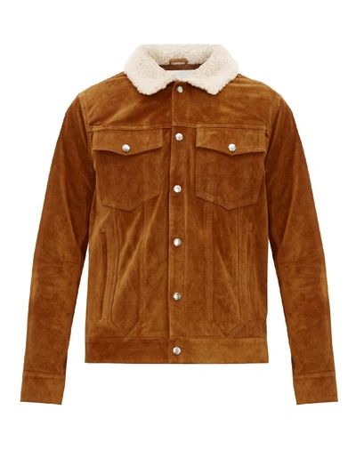 Frame Genuine Shearling Collar Suede Trucker Jacket In Brown