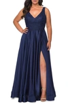 La Femme Beaded Satin Gown In Navy