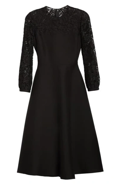 Valentino Lace Contrast Wool & Silk Midi Dress In Nero
