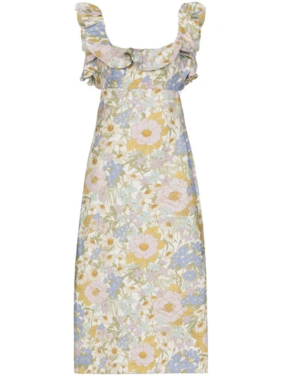 Zimmermann Super Eight Floral Ruffle Linen Midi Dress In Blue