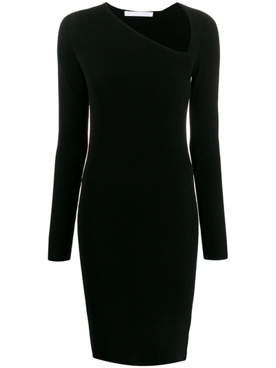 Helmut Lang Rib Asymmetrical Neck Long Sleeve Dress In Black