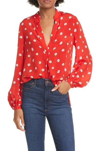 Alice And Olivia Avani Daisy Print Split Neck Silk Blouse In Tossed Daisy Paprika