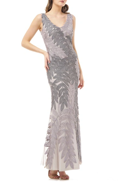 Js Collections Leaf Soutache Trumpet Gown In Silver