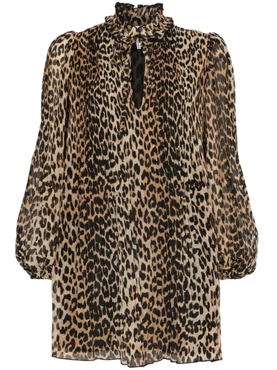 Ganni Leopard Print Pleated Georgette Long Sleeve Minidress