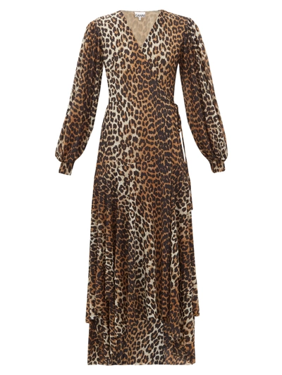 Ganni Leopard Print Mesh Long Sleeve Midi Dress