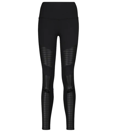 Alo Yoga Moto Mesh-trimmed Stretch Leggings In Black,black Glossy