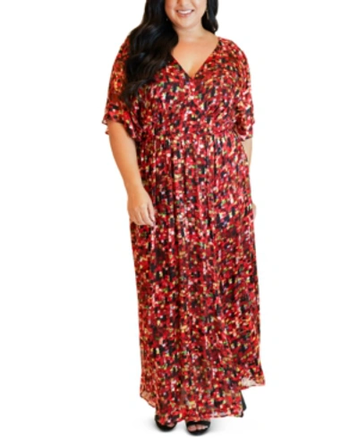 Maree Pour Toi Plus Size Printed Flutter-sleeve Maxi Dress In Red