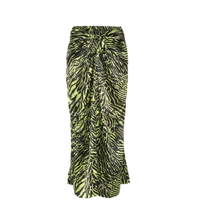 Ganni Tie-front Tiger-print Silk-blend Satin Midi Skirt In Lime Tiger