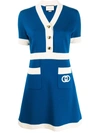 Gucci Wool V-neck Dress With Interlocking G Embroidery In Blue