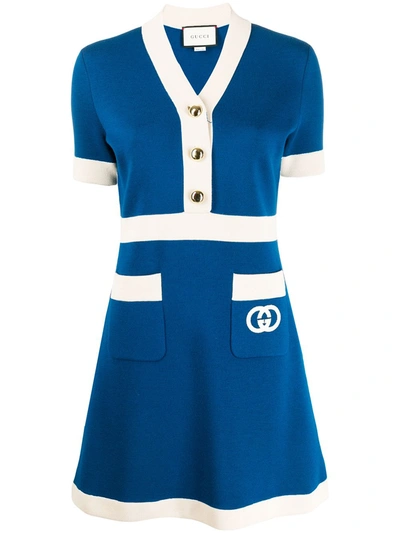 Gucci Wool V-neck Dress With Interlocking G Embroidery In Blue