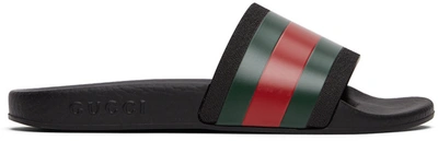 Gucci Children's Rubber Slides With Web In Black/ Green/ Red