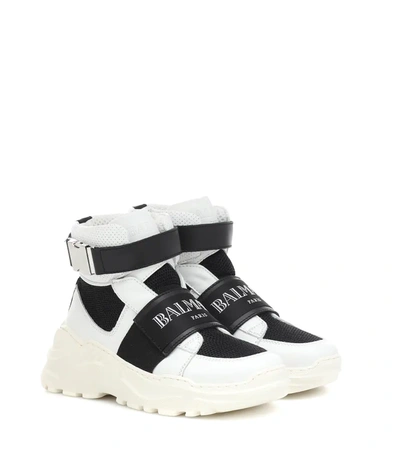 Balmain Kids' White And Black Leather Hi-top Sneaker