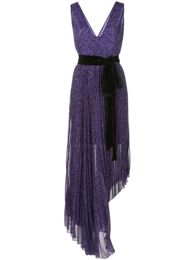 Alice And Olivia Aiden Asymmetric Velvet-trimmed Printed Georgette Dress In Purple