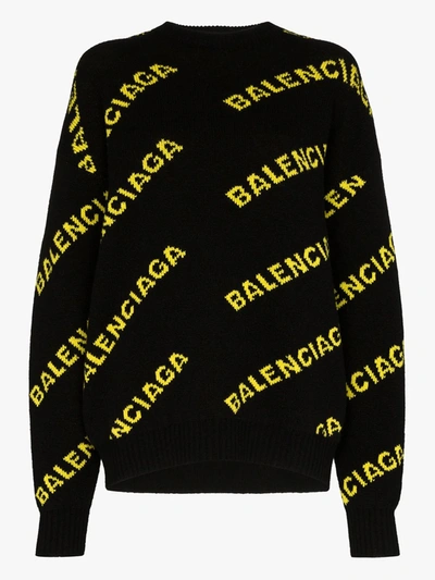 Balenciaga Logo提花羊毛混纺毛衣 In Black