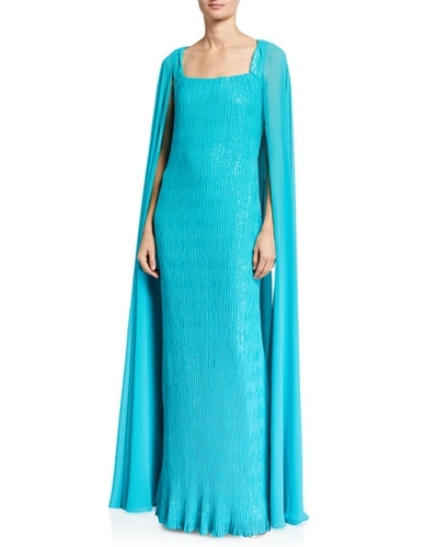 Badgley Mischka Couture Caped Sequined Gown In Blue
