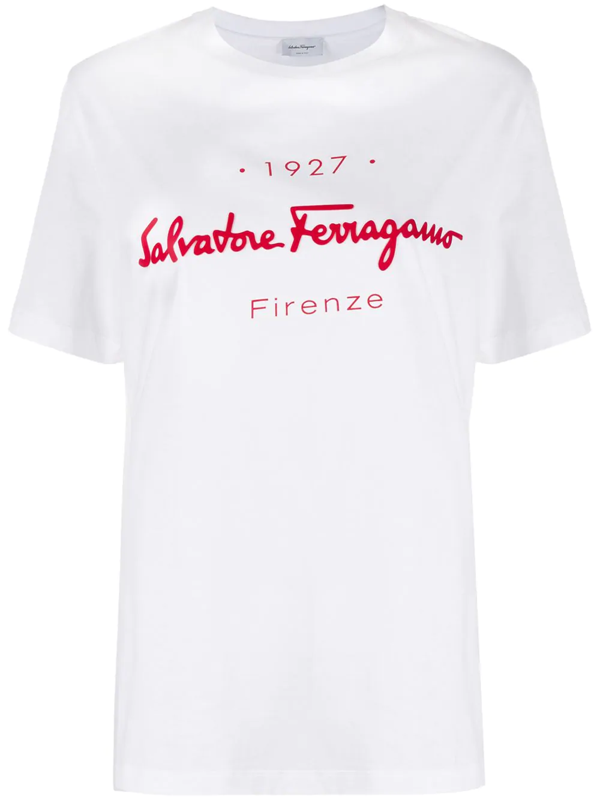 Salvatore Ferragamo 1927 Signature Logo Print Cotton T Shirt In White Modesens