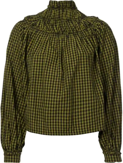 Proenza Schouler Ruffle-trimmed Shirred Gingham Cotton-poplin Blouse In Army Green