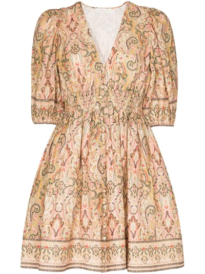 Zimmermann Freja Shirred Paisley-print Linen Mini Dress In Brown